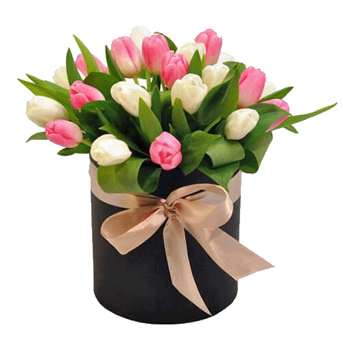 Фото товара 25 тюльпанов в шляпной коробке в Кременчуге