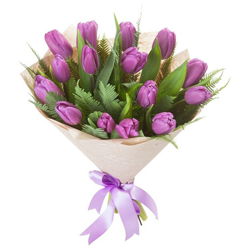 Фото товара 15 фиолетовых тюльпанов с декором в Кременчуге