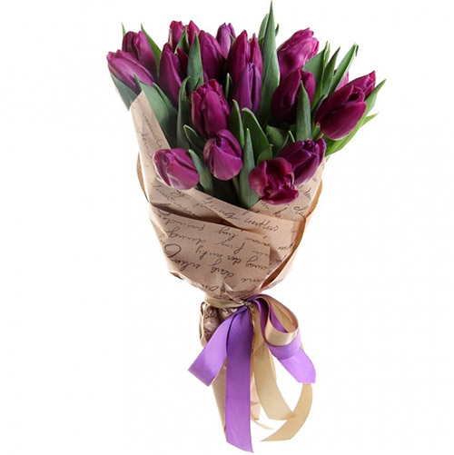 Фото товара 21 пурпурный тюльпан в крафт в Кременчуге