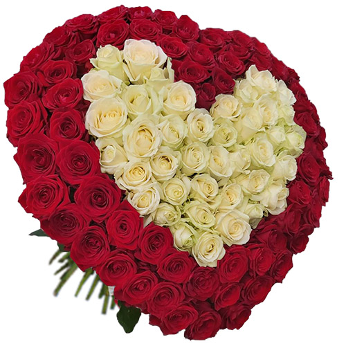 Фото товара Сердце 101 роза - красная и белая в Кременчуге