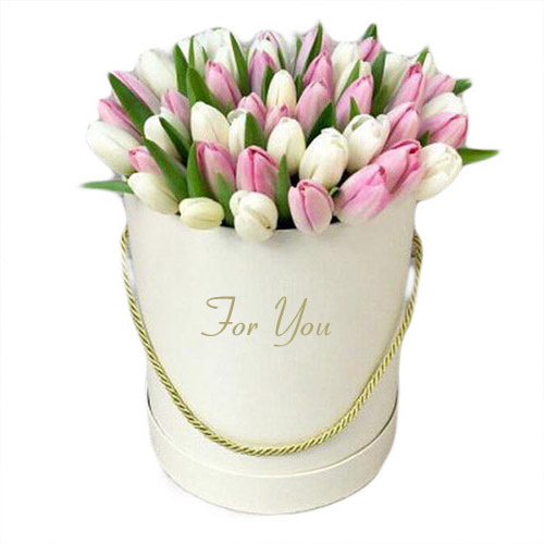 Фото товара 51 бело-розовый тюльпан в коробке в Кременчуге