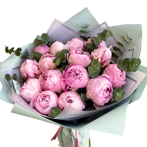 Фото товара 15 светло-розовых пионов с зеленью в Кременчуге