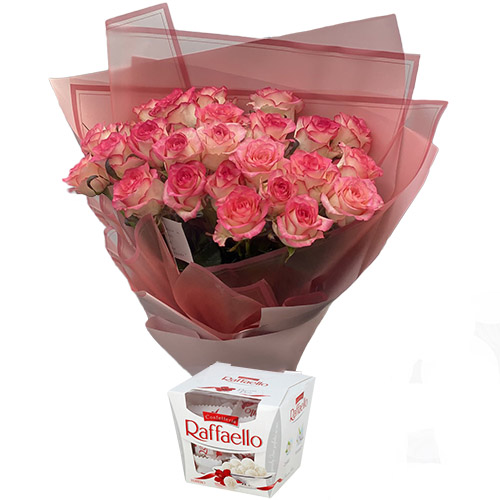 Фото товара 25 розовых роз с конфетами в Кременчуге